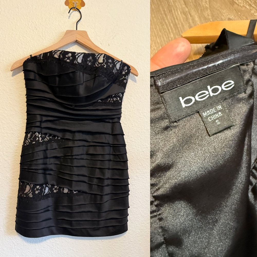 Bebe Black Satin Strapless Dress-Size S